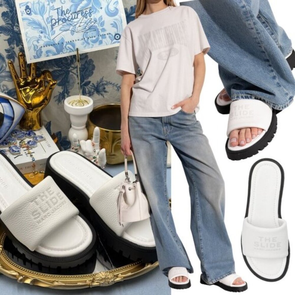 🆕 MARC JACOBS 🧿 NWOB The Lug Sole Slide Sandal, White Leather - Sz 38 US 8